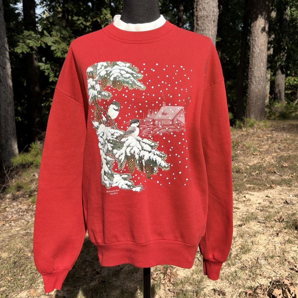 1990s Morning Sun Sweatshirt L Red Chickadee Birds Winter Snow USA